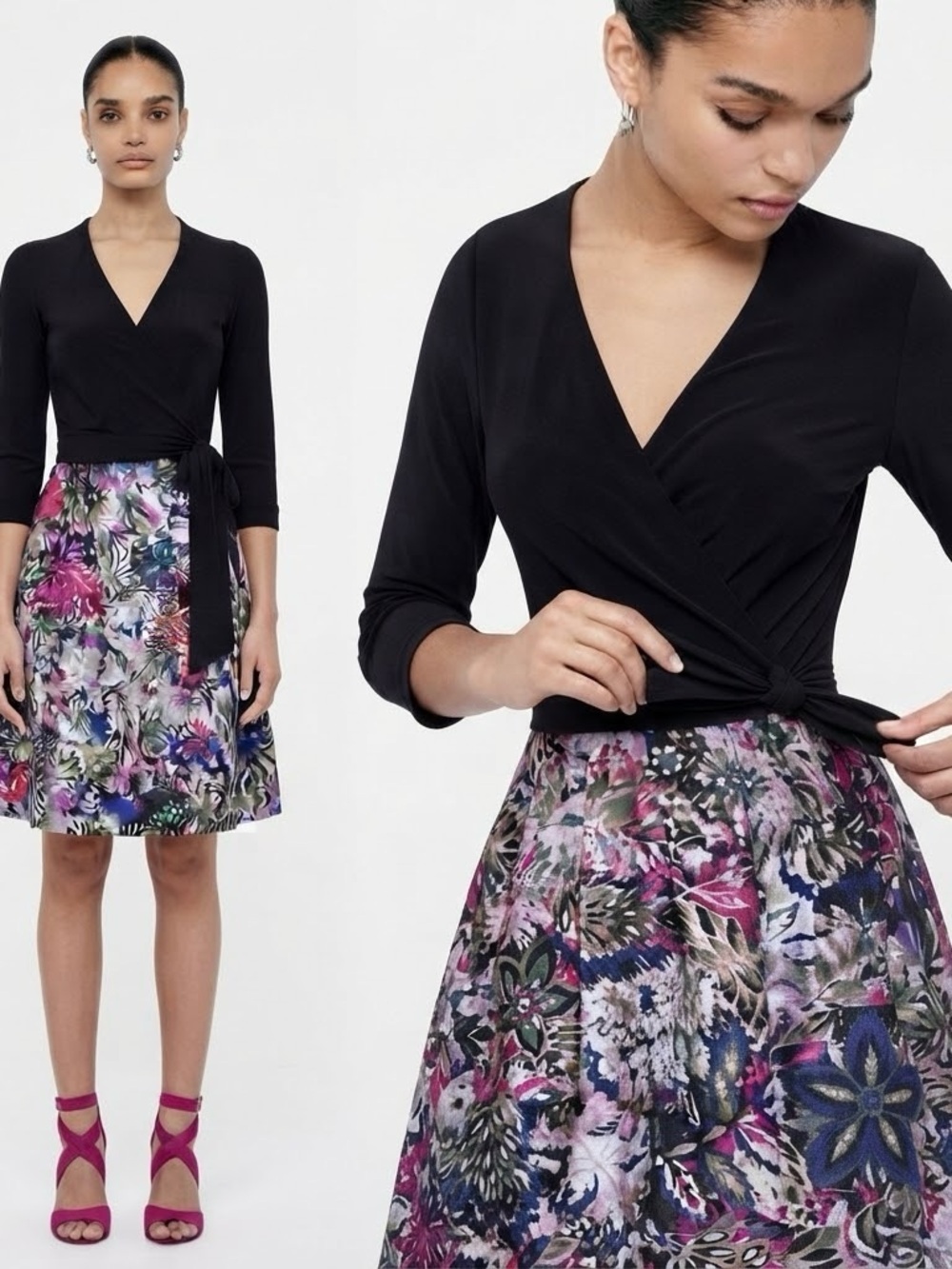 NWT DVF Jewel Wrap Dress Black Top Multicolor Floral A-Line Skirt Fit Flare 0